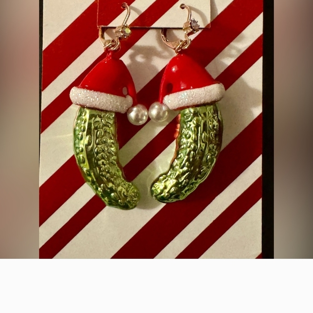 Betsey Johnson Holiday Red & Green Pickle Earrings with Santa Hat & Pearl Accent
